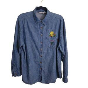 Looney Tunes Vintage Embroidered Chambray Tweety Bird Button Down Shirt Size L
